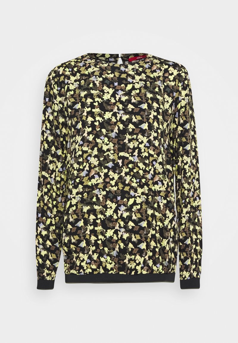 Langärmelige schwarze Bluse mit einem verstreuten Blumenmuster in Gelb, Braun, Grau und Hellblau, mit Rundhalsausschnitt und Knopfverschluss hinten.