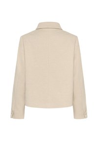 Bézs színű cropped dzseki, lekerekített gallérral, hosszú ujjakkal és egygombos mandzsettával. Jellemzője a textúrált anyag és a letisztult design.