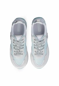 Light blue and gray sneakers with mesh and suede materials, textured upper, cushioned soles, and gray laces. Features a unique design.