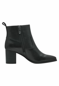 Stivaletto in pelle nera con punta affusolata, zip laterale e tacco squadrato. Presenta una superficie liscia e dettagli di cucitura minimi.