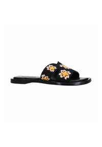Zwarte slipper sandalen met dubbele gevlochten banden versierd met bloemenborduursels in oranje en geel op een textiele oppervlakte. Platte zool.