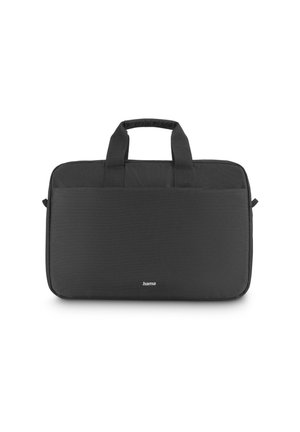 Black rectangular laptop bag with two short handles and a front slip pocket, branded "hama" in white text.