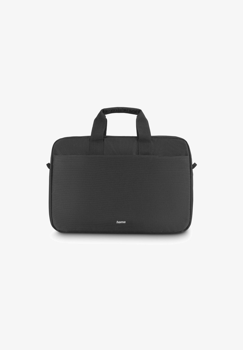 Schwarze rechteckige Laptoptasche mit zwei kurzen Griffen und einer vorderen Einschubtasche, mit dem Logo "hama" in weißen Buchstaben.