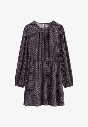 Vestido morado con lunares blancos, mangas largas, cuello redondo y cintura fruncida. Tela suave con falda fluida y cierre de botones en la parte posterior.