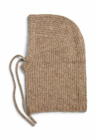 Brown knitted hat with ribbed texture and drawstrings, featuring subtle metallic threads for added detail. Curved shape for snug fit.