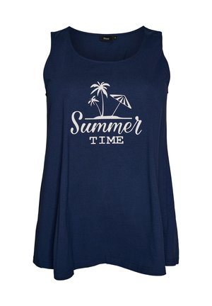 Marineblauw mouwloos topje met witte print van palmbomen, strandparasol en tekst "Summer Time" op de voorkant.