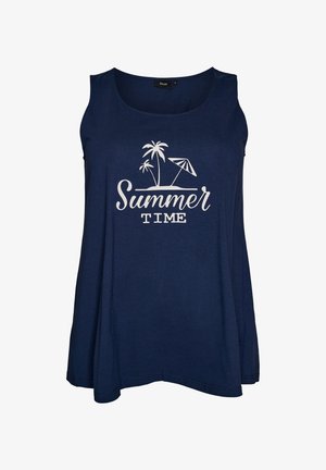 Haut sans manches bleu marine avec imprimé blanc de palmiers, parasol de plage et texte "Summer Time" sur le devant.