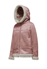Różowa kurtka z sztucznego zamszu z futrzanym kapturem, zapinana na zamek, z bocznymi kieszeniami. Posiada miękką teksturę oraz kontrastowe futro.
