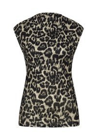 Top senza maniche con stampa leopardata in nero e beige, realizzato in tessuto textured con motivo a righe, caratterizzato da un collo alto e una vestibilità rilassata.