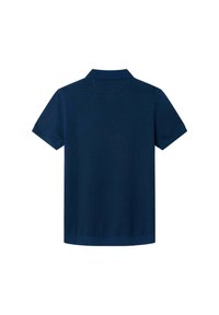 Mörkblå kortärmad polo t-shirt i slät bomullstyg. Har en klassisk krage och ribbade ärmslut, med en enfärgad struktur.