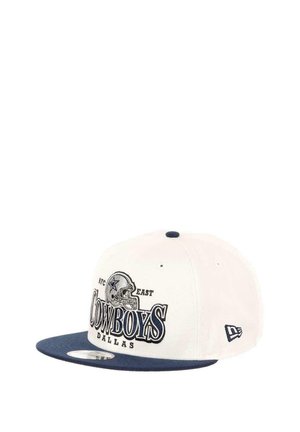 Dallas Cowboys cap featuring a white crown, navy brim, and embroidered team logo and text. Material is fabric with a smooth texture.