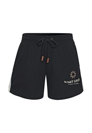Black cotton shorts with an elastic waistband and drawstring. Features a sun graphic and text, with light-colored side panels.