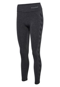 Mørkegrå, hellængde atletiske leggings med høj talje og hummel-logo foran samt chevronmønster langs siderne.