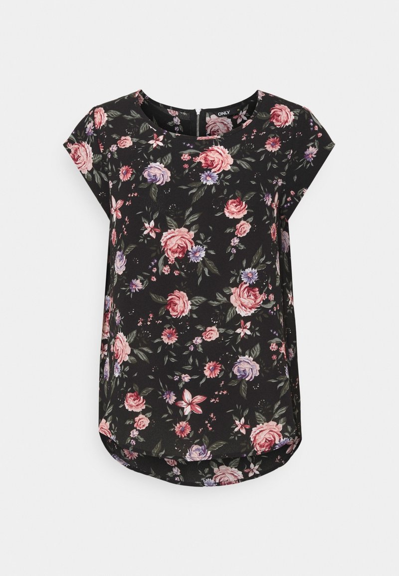 Blouse noire à manches courtes avec motif floral rose, violet et rouge et col rond.