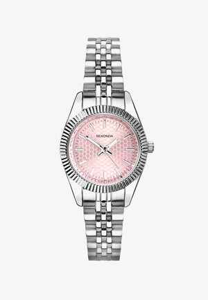 Silver metal bracelet watch with a textured pink honeycomb-patterned dial, silver hour markers, and minute, hour, and second hands.