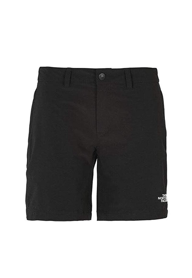 Svarta knälånga shorts med bälteshål, knäppning och en liten vit logotyp på nedre vänstra benet.