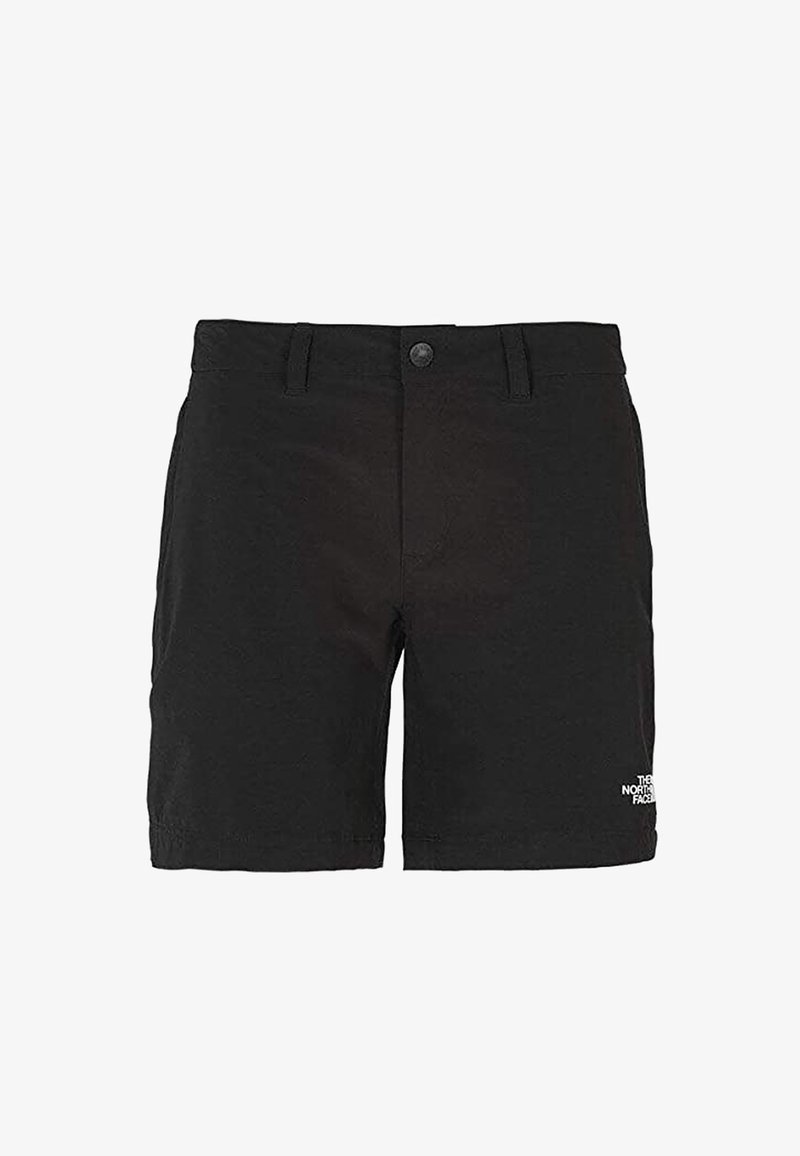 Shorts noirs jusqu'au genou avec passants de ceinture, fermeture à bouton et un petit logo blanc en bas à gauche de la jambe.