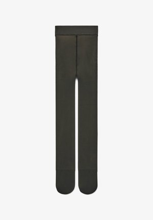 Collant neri opachi con punta rinforzata e ampia vita, distesi su uno sfondo bianco.