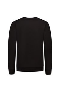 Zwarte sweatshirt met lange mouwen, geribbelde ronde hals en manchetten. Glad textuur zonder zichtbare patronen of logo's. Eenvoudig en veelzijdig ontwerp.
