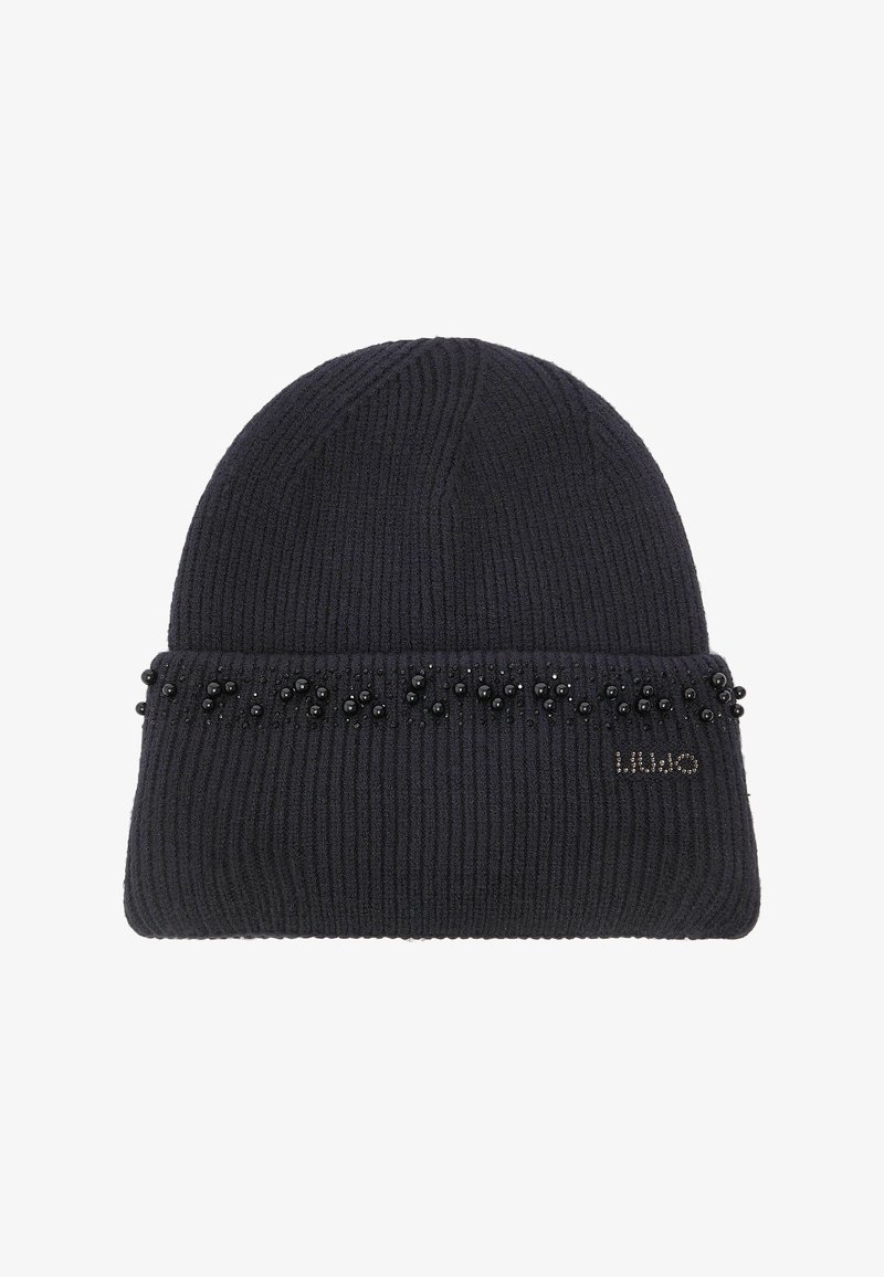 Bonnet en maille côtelée noire avec revers plié orné de petites perles noires et d'un petit logo métallique "LIU JO" sur le revers.