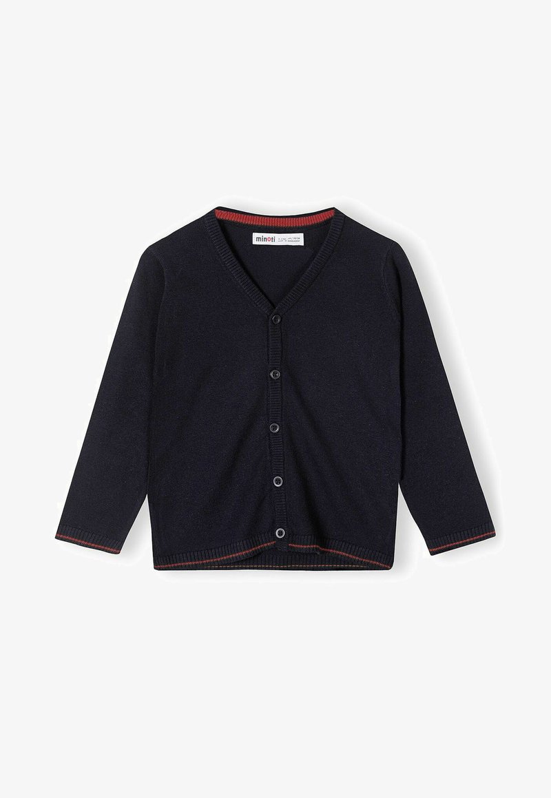 Cardigan navy con maniche lunghe e scollo a V. Presenta una chiusura frontale con bottoni, polsini a coste e un accento rosso all'orlo. Tessuto a maglia morbido.