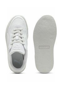 White athletic shoes with smooth leather upper, textured rubber outsole, and light gray accents. Features laces and padded collar.