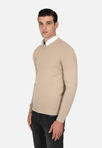 Maglione beige a maniche lunghe realizzato in materiale lavorato a maglia, con scollo a girocollo e bordi a coste, abbinato a jeans scuri. Design semplice e aderente.