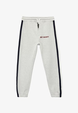 Graue Jogginghosen mit elastischem Bund, marineblauen Seitenstreifen und dem Text "GET READY" auf der Vorderseite. Hergestellt aus weichem Stoff und mit einer schmal zulaufenden Beinform.