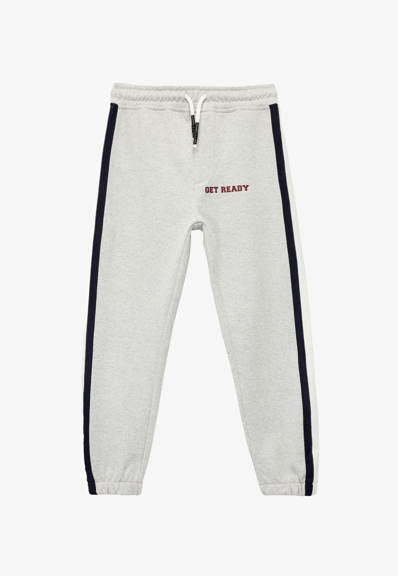 Grå sweatpants med elastisk talje, marineblå sidebaner og teksten "GØR DIG KLAR" foran. Fremstillet af blødt stof med en tapered ben-design.