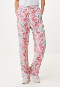 Lekkie, kolorowe spodnie z różowym, czerwonym i miętowym abstrakcyjnym wzorem w kropki. Charakteryzują się luźnym krojem i bocznymi kieszeniami. Elastyczny pas.