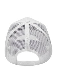 Weißer Mesh-Cap mit strukturiertem Design, ausgestattet mit einem verstellbaren Plastikriemen auf der Rückseite und einem Knopf oben für einen sicheren Sitz.
