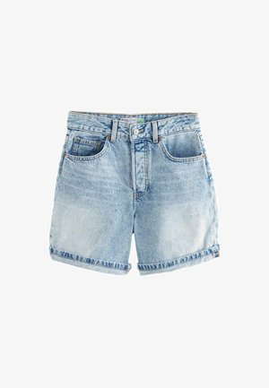 Heledad sinine teksatagi lühikesed püksid, mille allääred on keeratud, sisaldavad viit taskut ja nup closure. Kangas on pehme ja pleekinud tekstuuriga.