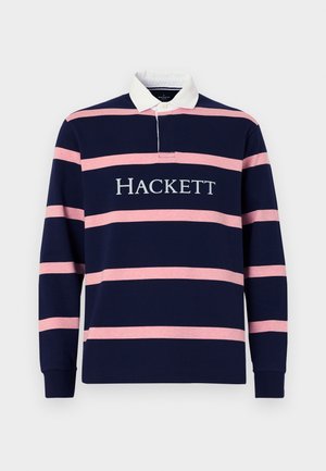 Polo à manches longues rayé bleu marine et rose avec un col blanc et "HACKETT" imprimé en gris sur la poitrine. Matière en coton, coupe décontractée.