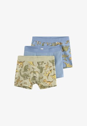 Kolme paria poikien bokserishortseja. Yksi vihreä dinosaurusten kuvioilla, yksi vaaleansininen yhtenäinen, ja yksi sininen dinosaurusten kuvioilla. Puuvillamateriaalia, joustavat vyötärönauhat.