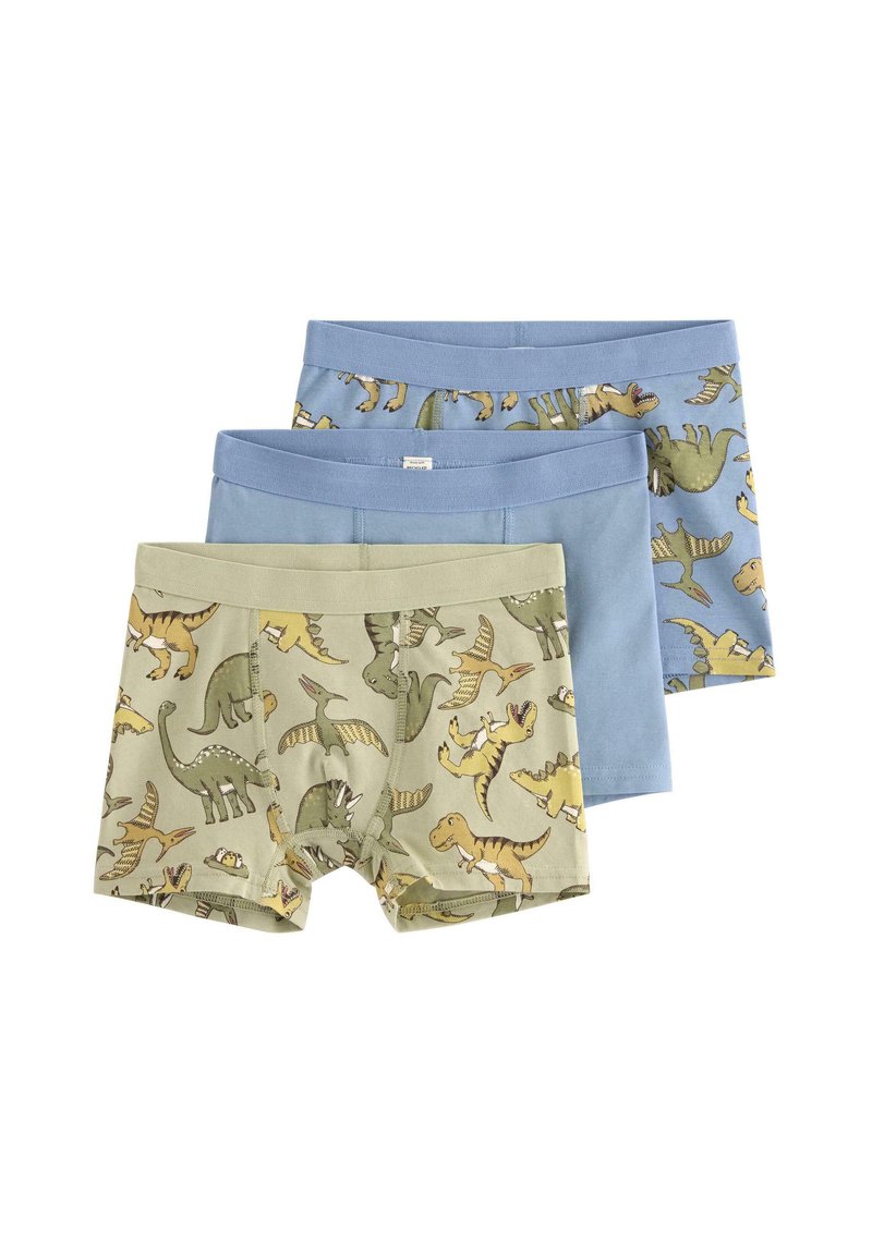 Tre par drengeboksershorts. En grøn med dino-motiv, en lys blå ensfarvet, en blå med dino-motiv. Fremstillet af bomuldsstof, med elastiske taljer.