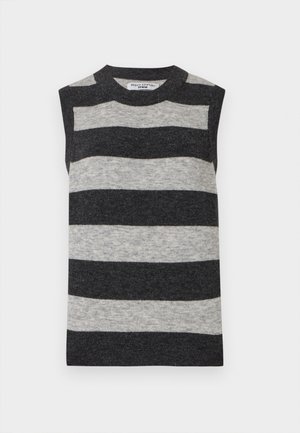 Ermeløs genser i grå og mørkegrå striper, laget av mykt stoff. Har rund halslinning og rett snitt.