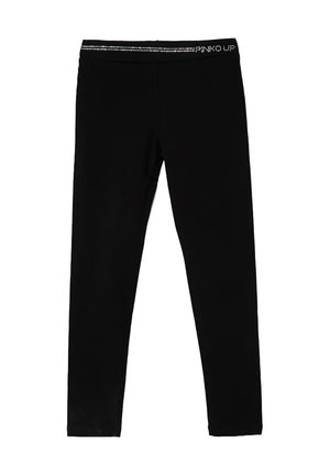 Leggings neri realizzati in tessuto elasticizzato, con un design aderente e una vita elastica con il nome del marchio stampato in piccole lettere.