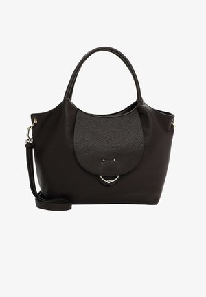 Black leather handbag with a textured surface, rounded shape, dual handles, and a magnetic flap closure featuring a silver circular accent.