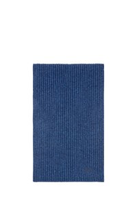 Sciarpa blu a costine realizzata in morbido tessuto. Forma rettangolare con un sottile dettaglio del logo nella parte inferiore. La superficie testurizzata aumenta l'interesse visivo.