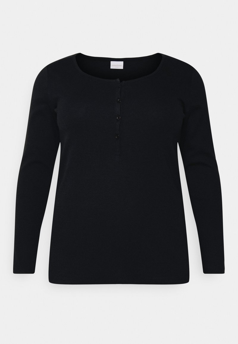 Top preto de manga longa com decote redondo, uma pala de botões com botões pretos e uma textura suave e lisa.