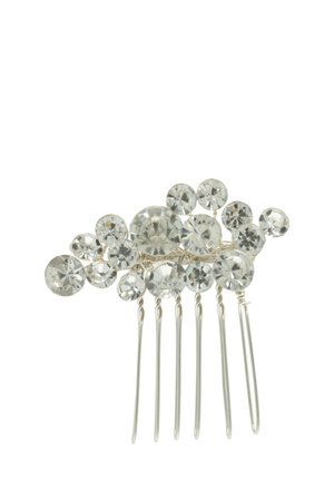 Pettine per capelli in strass con diverse dimensioni di pietre trasparenti sfaccettate su una base in metallo argentato e attacco a cinque punte.