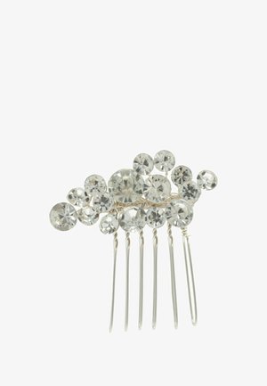 Pettine per capelli in strass con diverse dimensioni di pietre trasparenti sfaccettate su una base in metallo argentato e attacco a cinque punte.