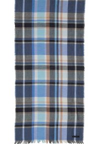 Sciarpa tessuta con un motivo a quadri blu, grigio e beige. Bordo finito con frange; texture di tessuto leggero.