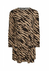 Abito a maniche lunghe in beige con un motivo a strisce di tigre nere, dotato di scollatura rotonda e orlo irregolare con un tessuto testurizzato.