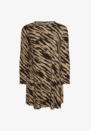 Langdurige jurk met lange mouwen in beige met een zwart tijgerprintpatroon, voorzien van een ronde halslijn en een ongelijke zoom met een gestructureerde stof.