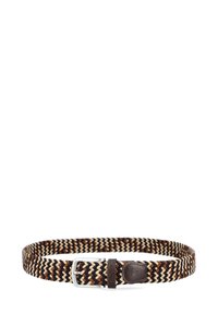 Woven belt z brązowymi, kremowymi i ciemnobrązowymi wzorami w zygzak. Posiada srebrną metalową klamrę i skórzaną naszywkę.