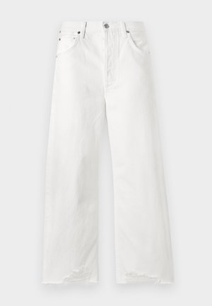 Witte wijde jeans van denim, met een hoge taille, zijzakken en rafelige zoomdetails.