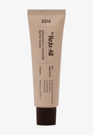 Tube de crème Dr. Reju-All SD4 Advanced LC-Ceramide Barrier avec ingrédients clés et contenance de 50 ml, tube beige avec bouchon brun foncé.