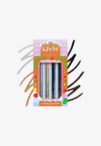 Set mit vier Eyeliner-Stiften in Grau, Gold, Schwarz und Braun. Verpackt in einer bunten Pappschachtel mit festlichem Dessert-Design.