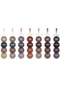 Campioni di colore in forme rotonde che mostrano sfumature: oro pallido, beige chiaro, beige argento, rame chiaro, biondo dorato, castano, marrone perla ramato.